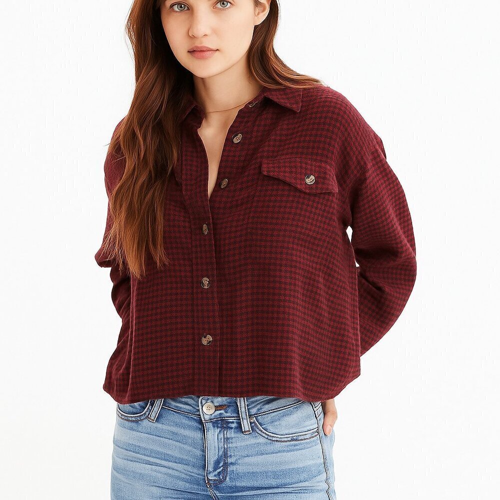 American Eagle Cropped Plaid Flannel Shirt Burgundy Navy Y2K Grunge M